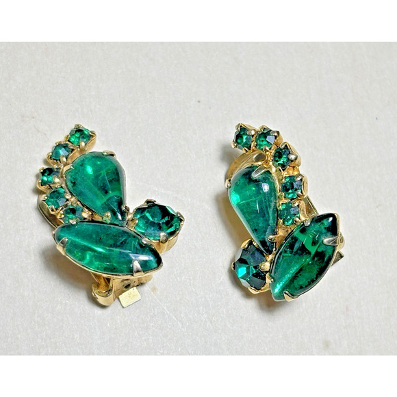 Vtg Emerald Green Rhinestone Prong Set Clip On Earrings Gold-tone - Picture 5 of 16